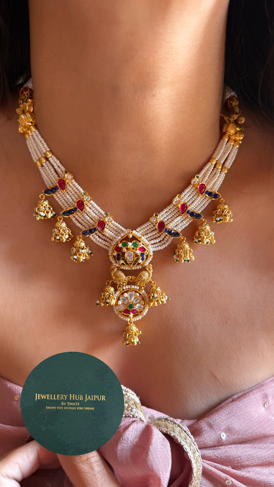 Real Moissanite Rajwada peacock emerald mix polki necklace