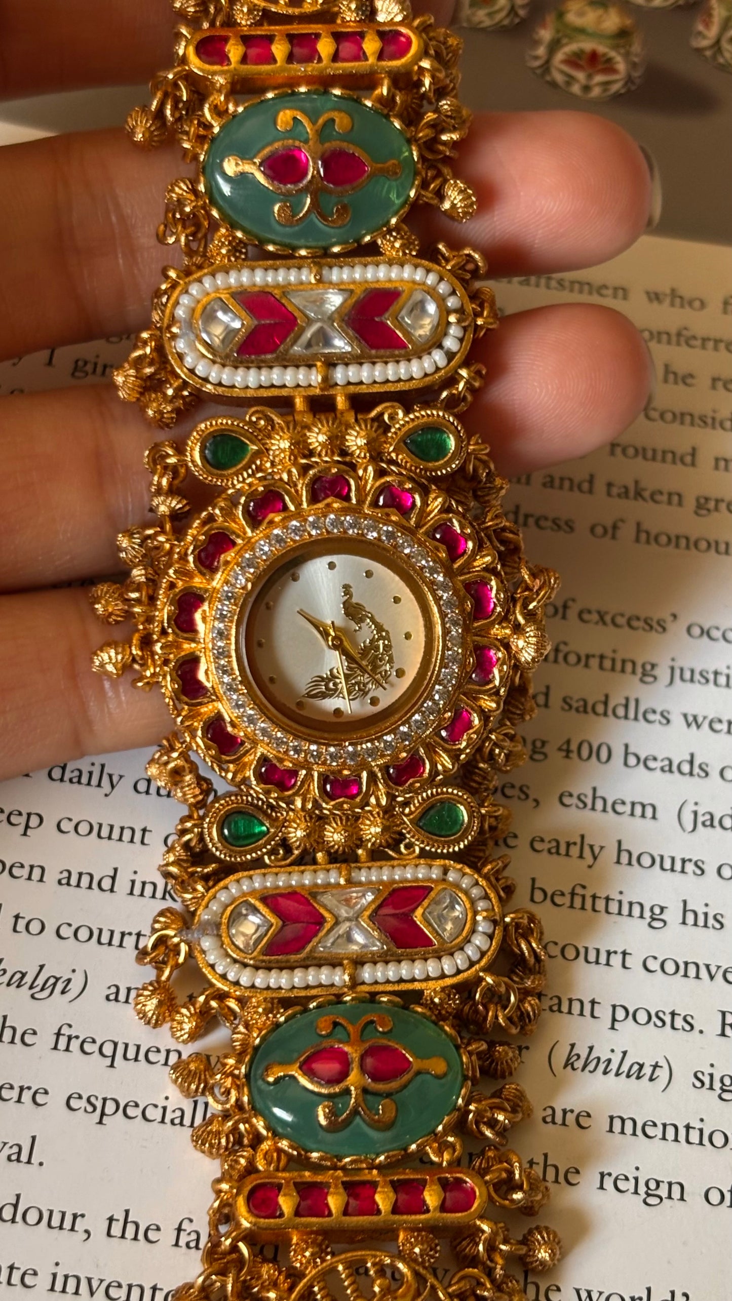 Paachi Kundan peacock nakashi white  dial rajwada Watch