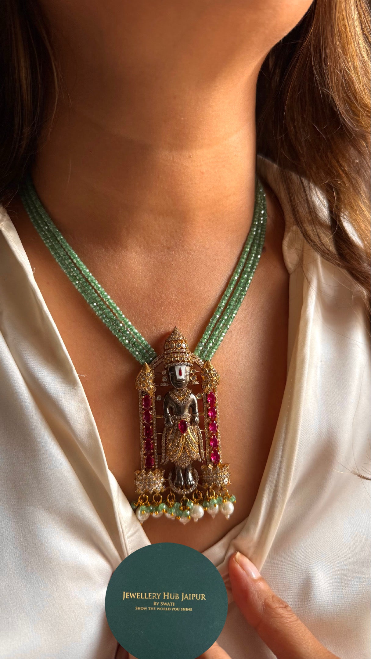 Lord venkateswara with mint pearl string pendant set
