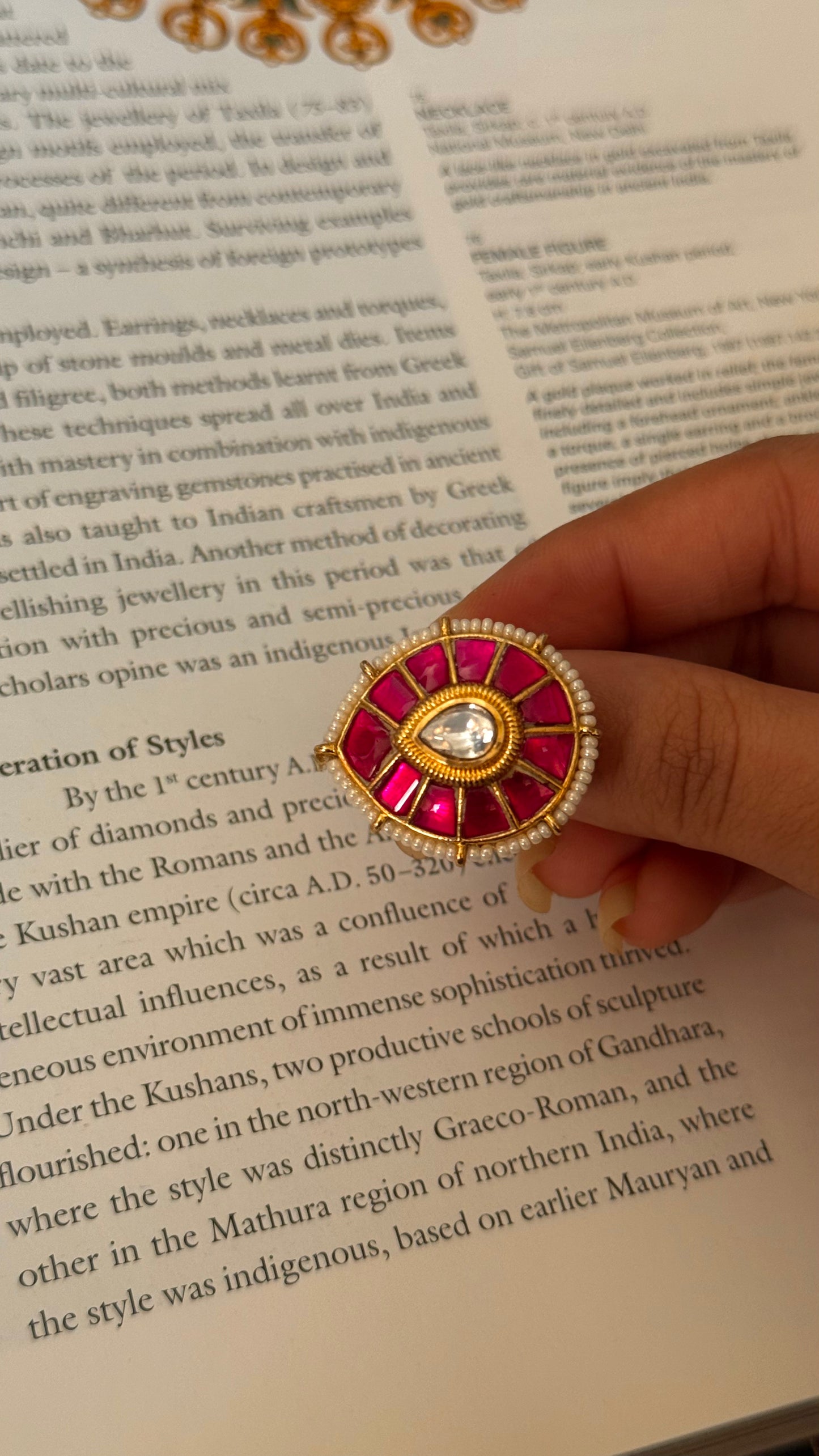 Rani pink tera drop shape paachi kundan heritage ring