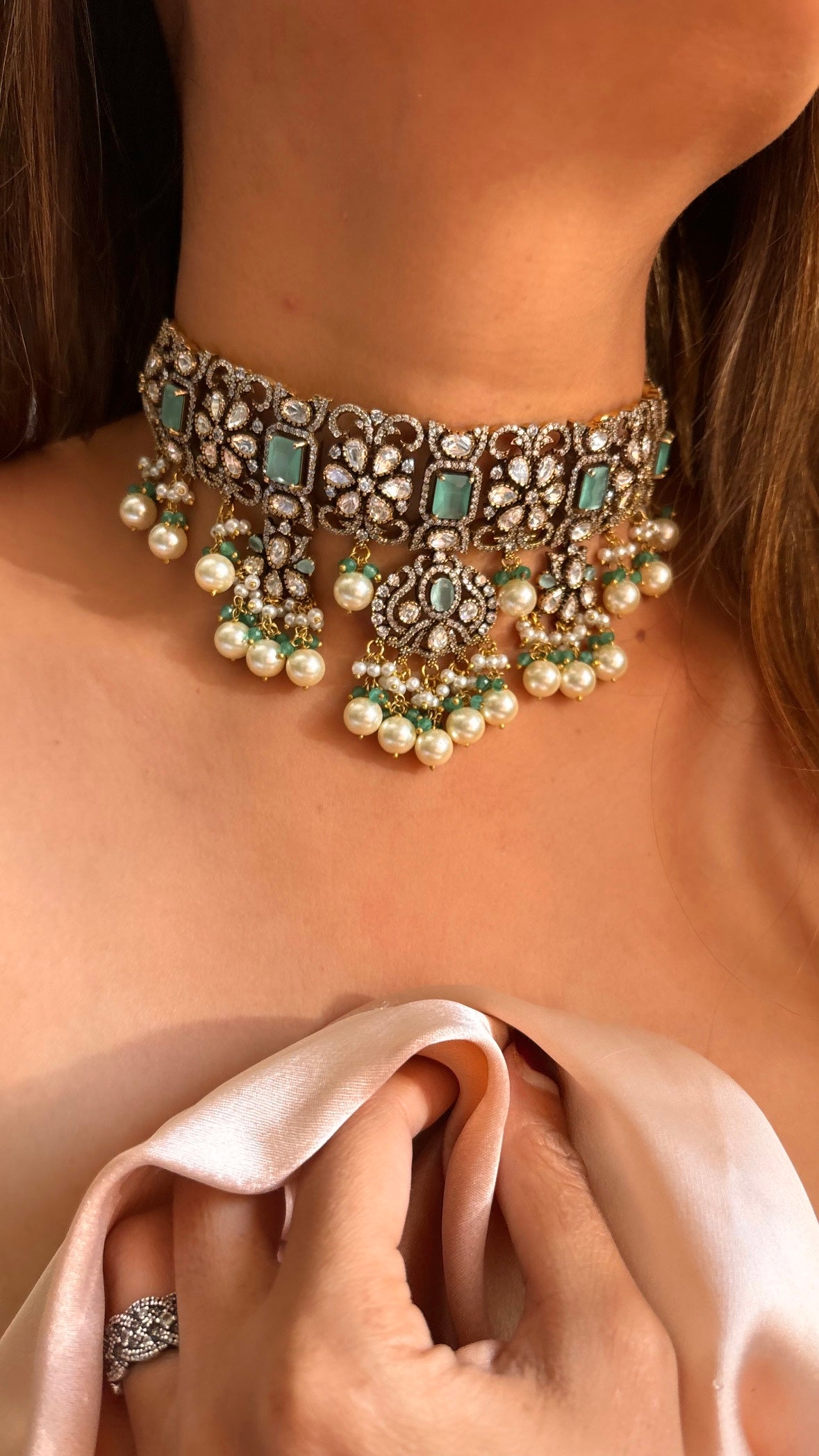 Mint Moissanite choker necklace with earrings
