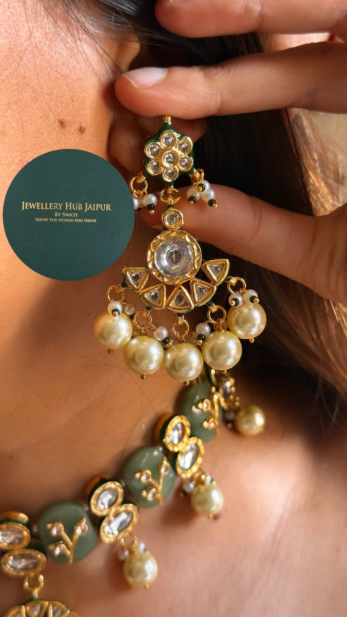 Mint inlay work & emerald meenakari paachi with pearl drop choker set