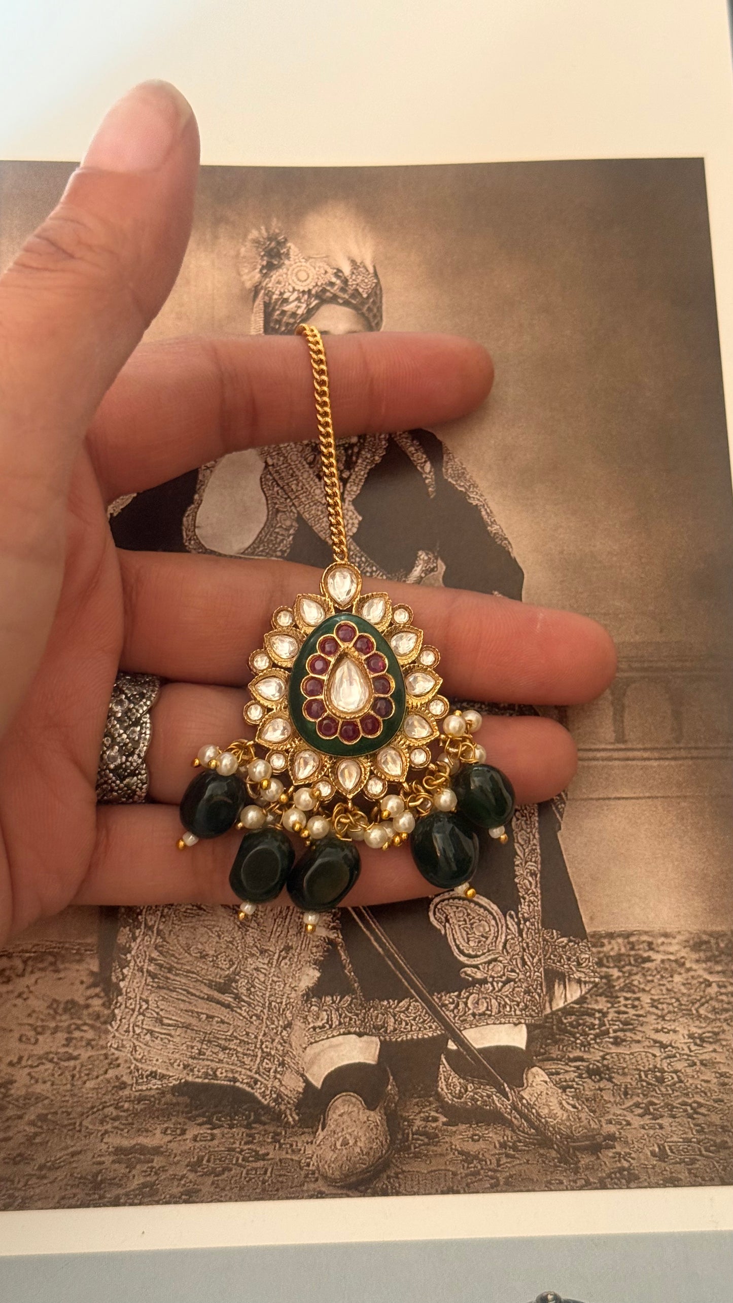 Emerald ruby polki meenakari mangtika