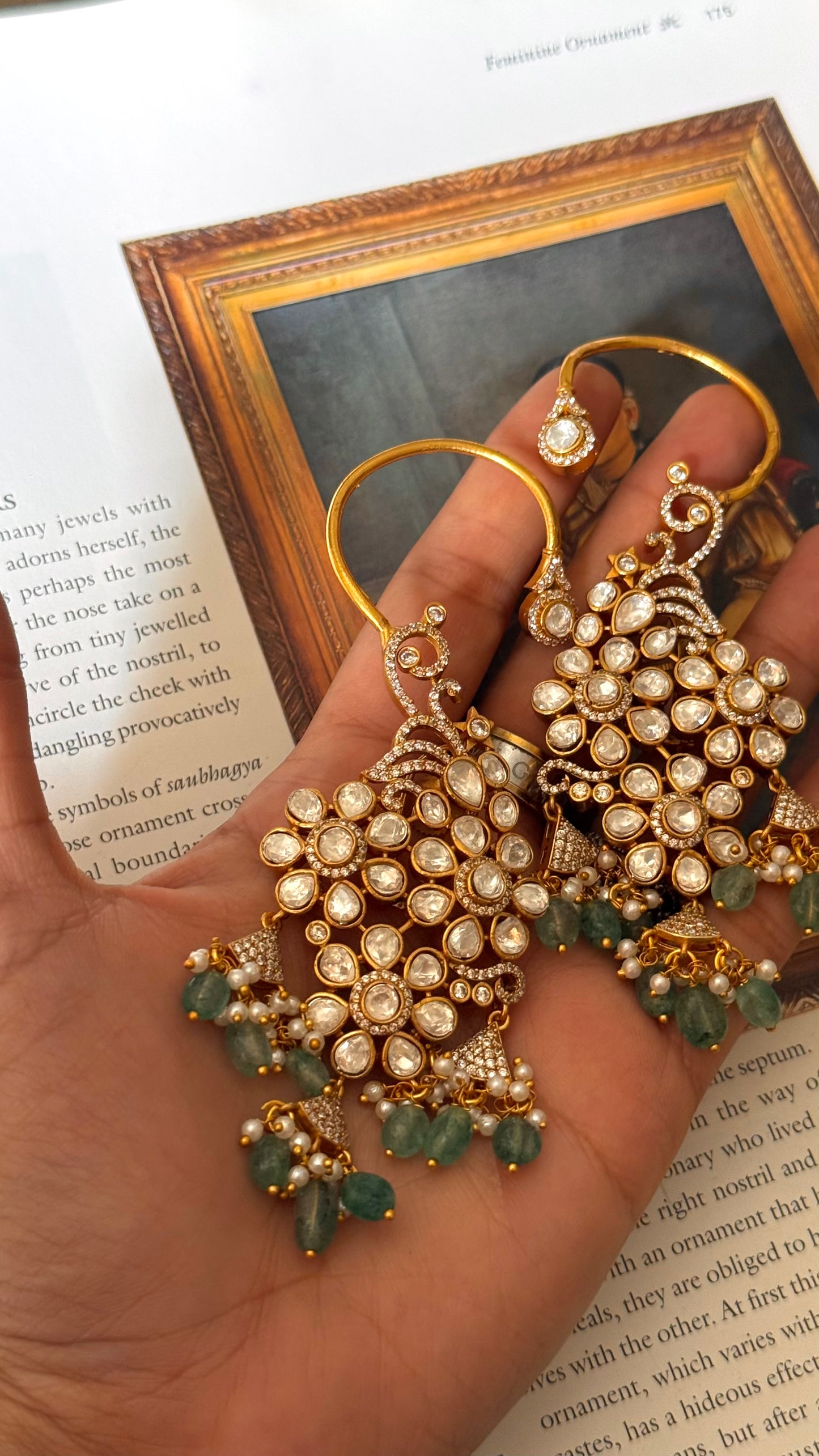 Moissanite polki with pearl mint earrings