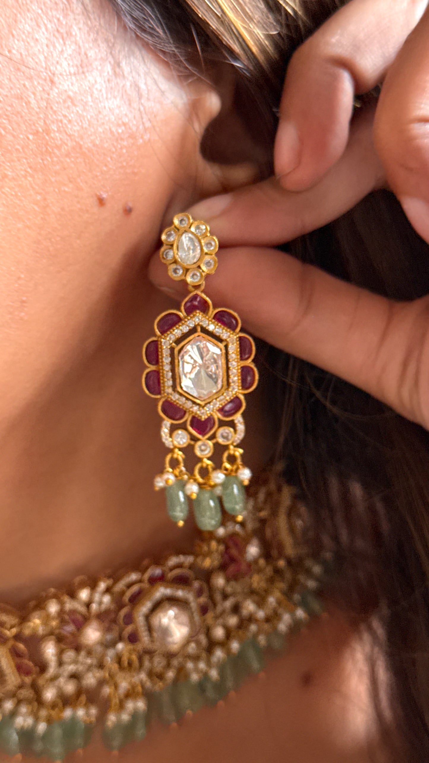 Ruby Takkar work polki necklace with mint detailing