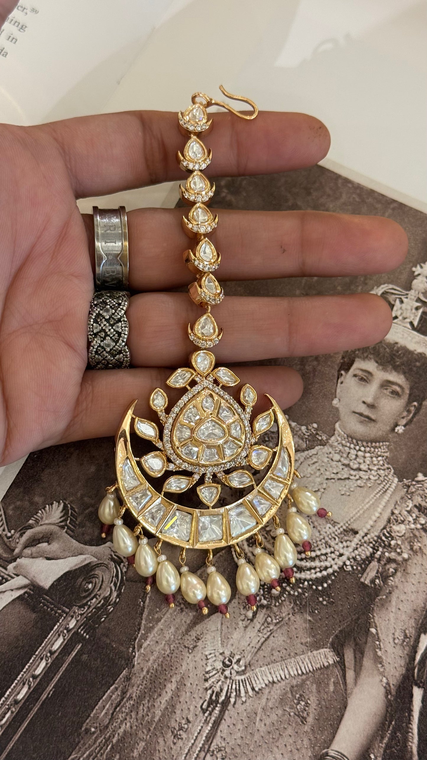 White polki maangtika with ruby & pearl drop detailing