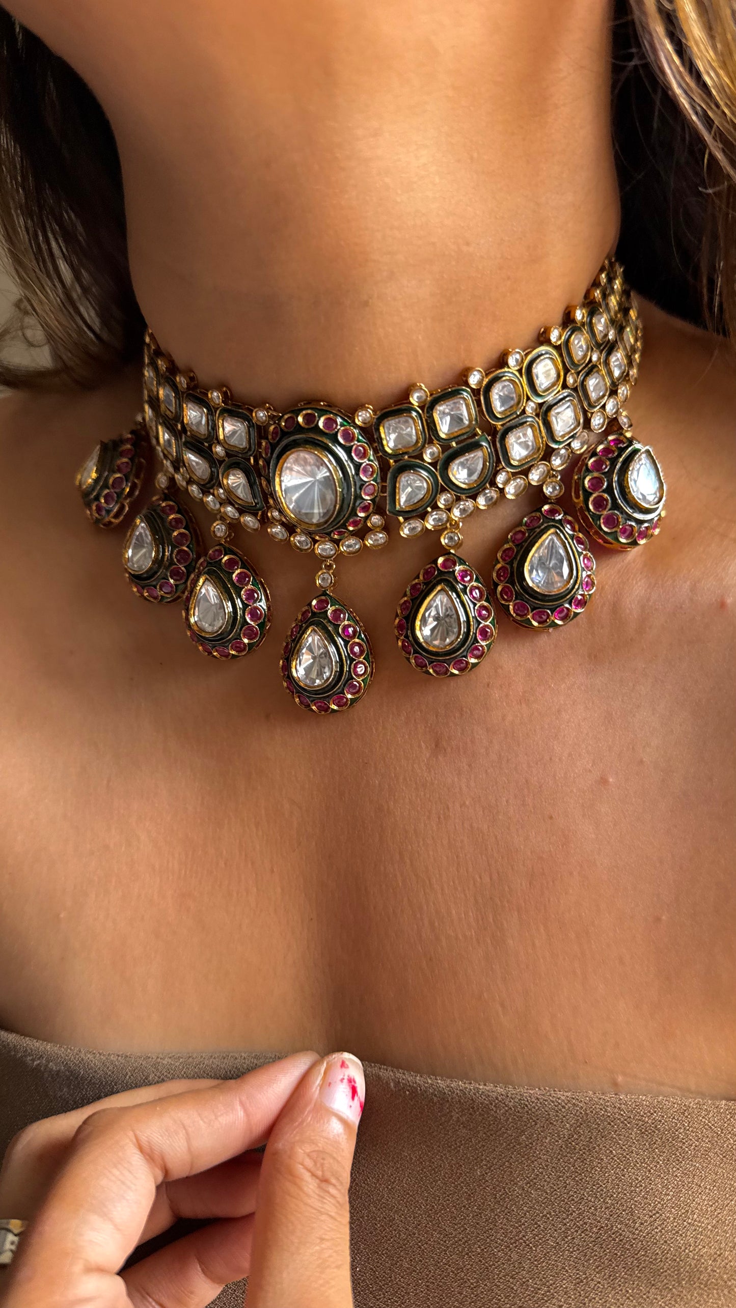 Emerald & Rani pink meenakari uncut polki choker