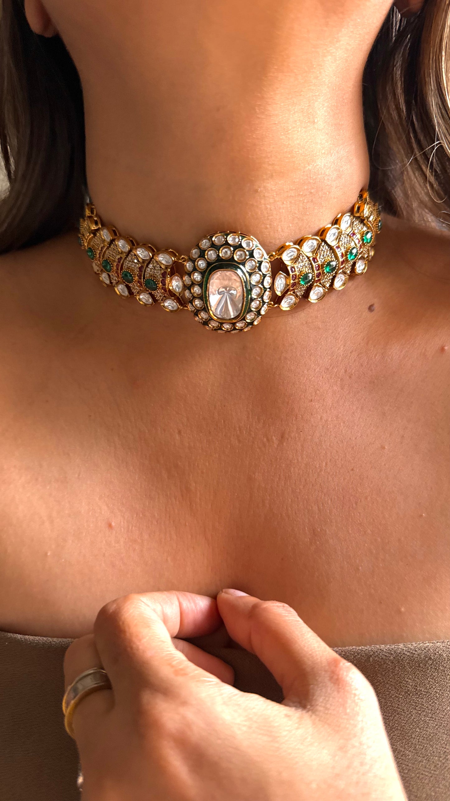 Emerald meenakari with mixed stone band uncut polki choker