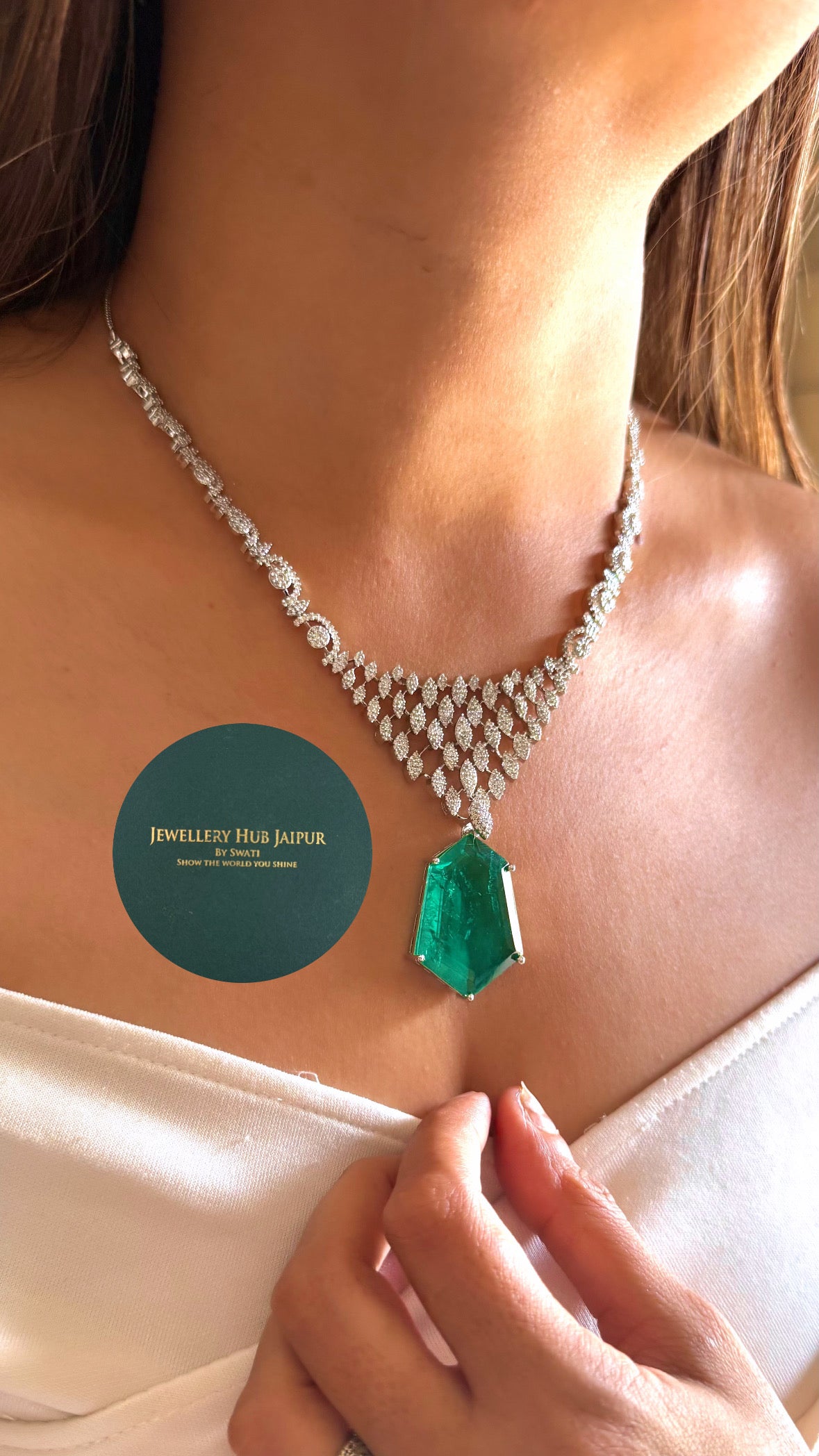 Tisya Emerald doublet cz diamond necklace