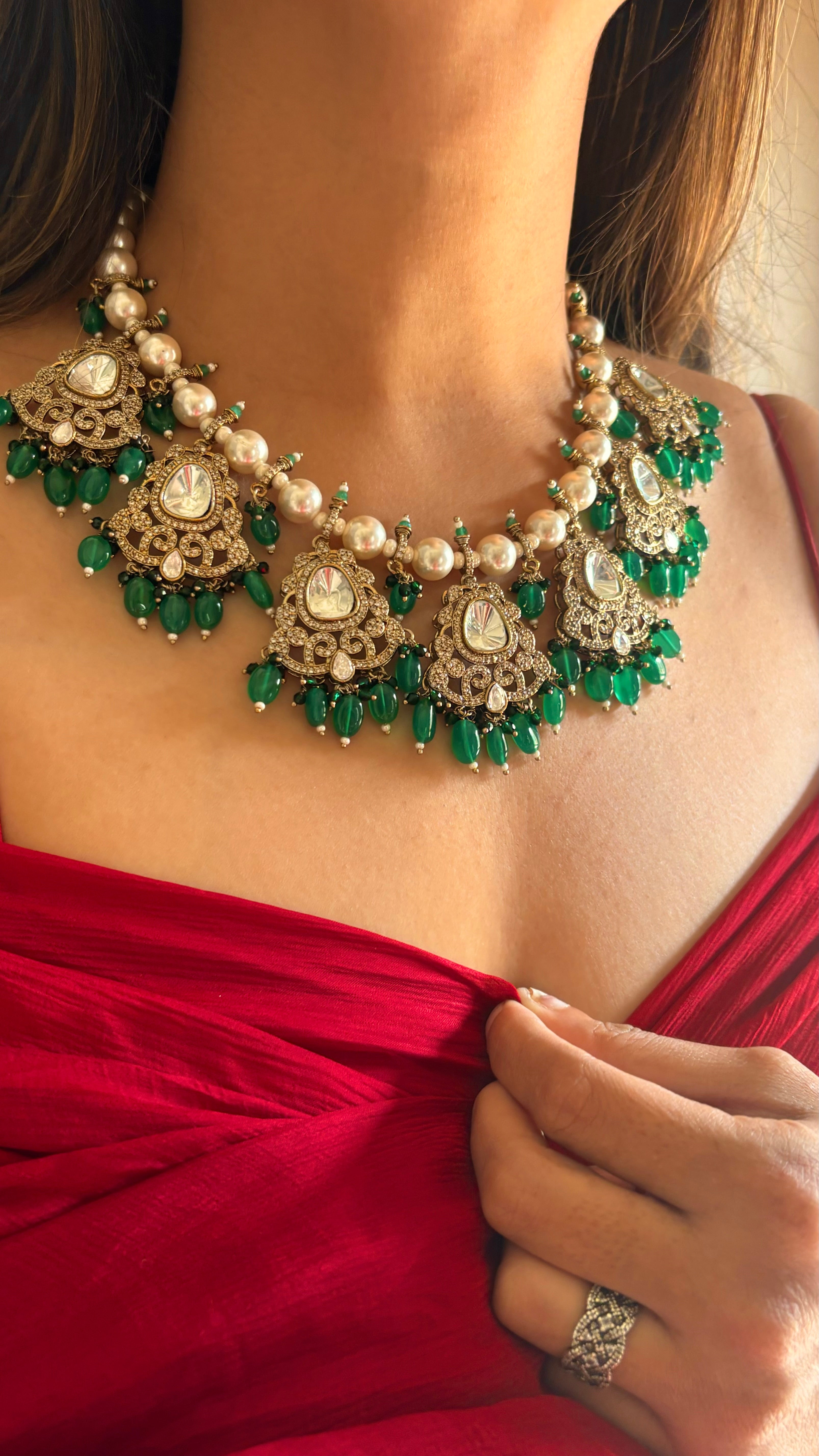 Emerald pearl victorian necklace