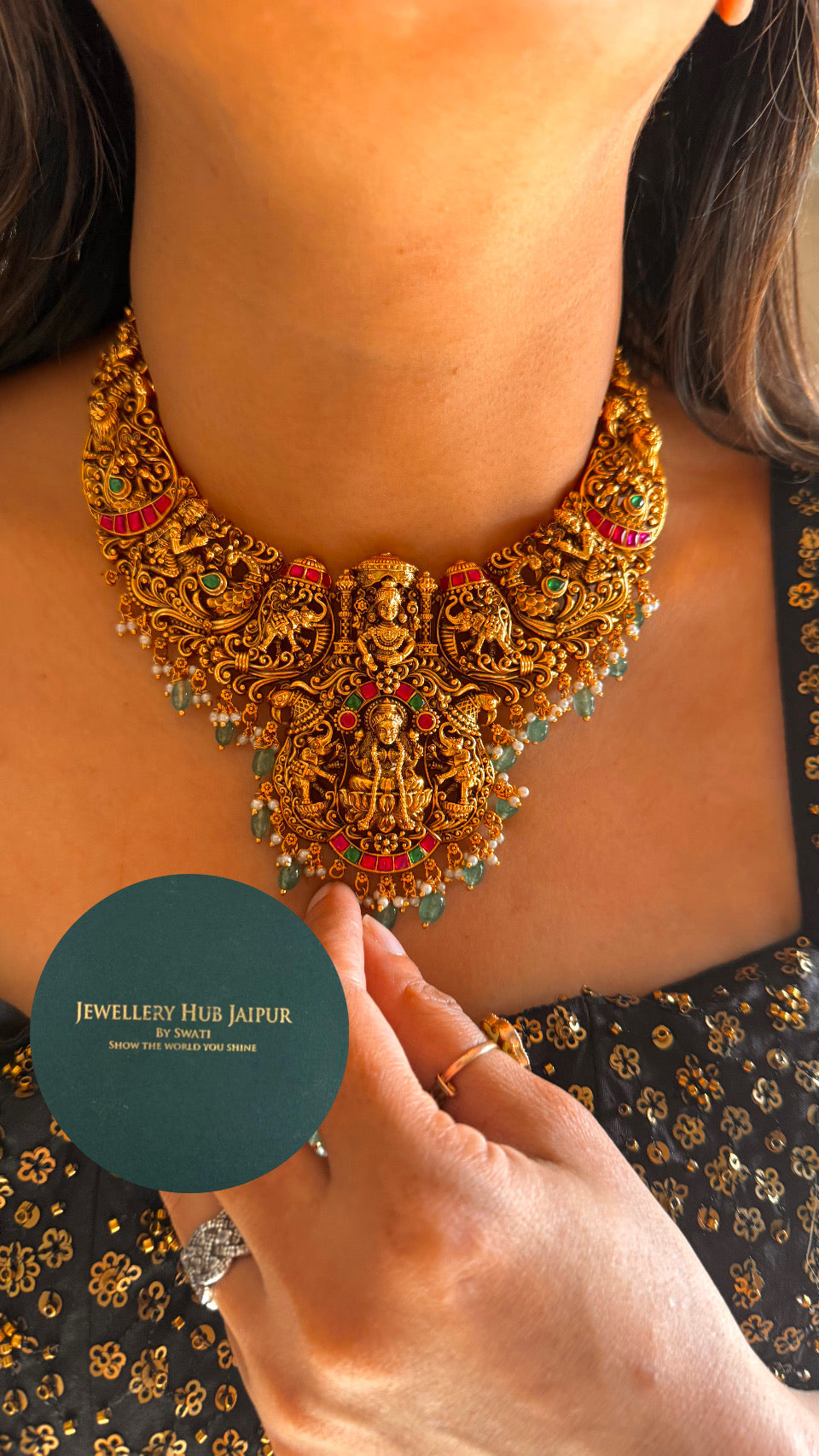 Dual goddess Laxmi ruby temple necklace