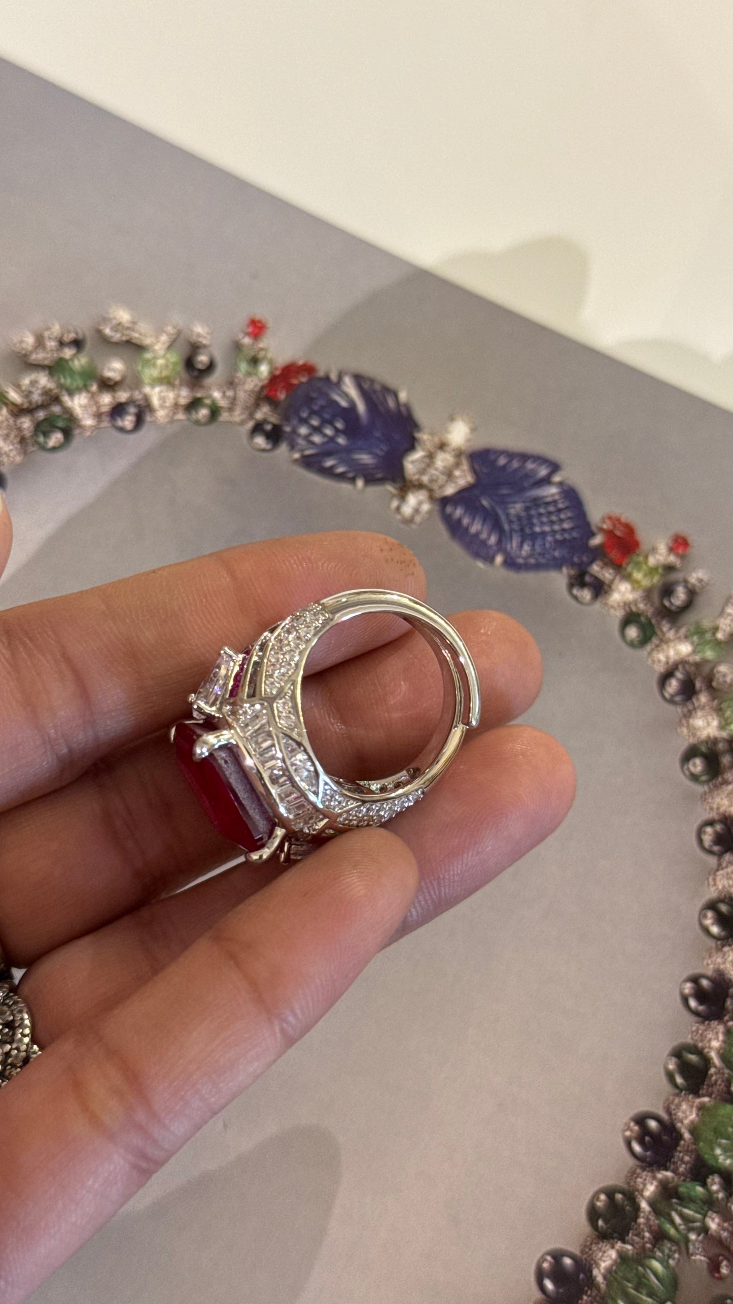 Ruby enamel diamond designer, cocktail ring