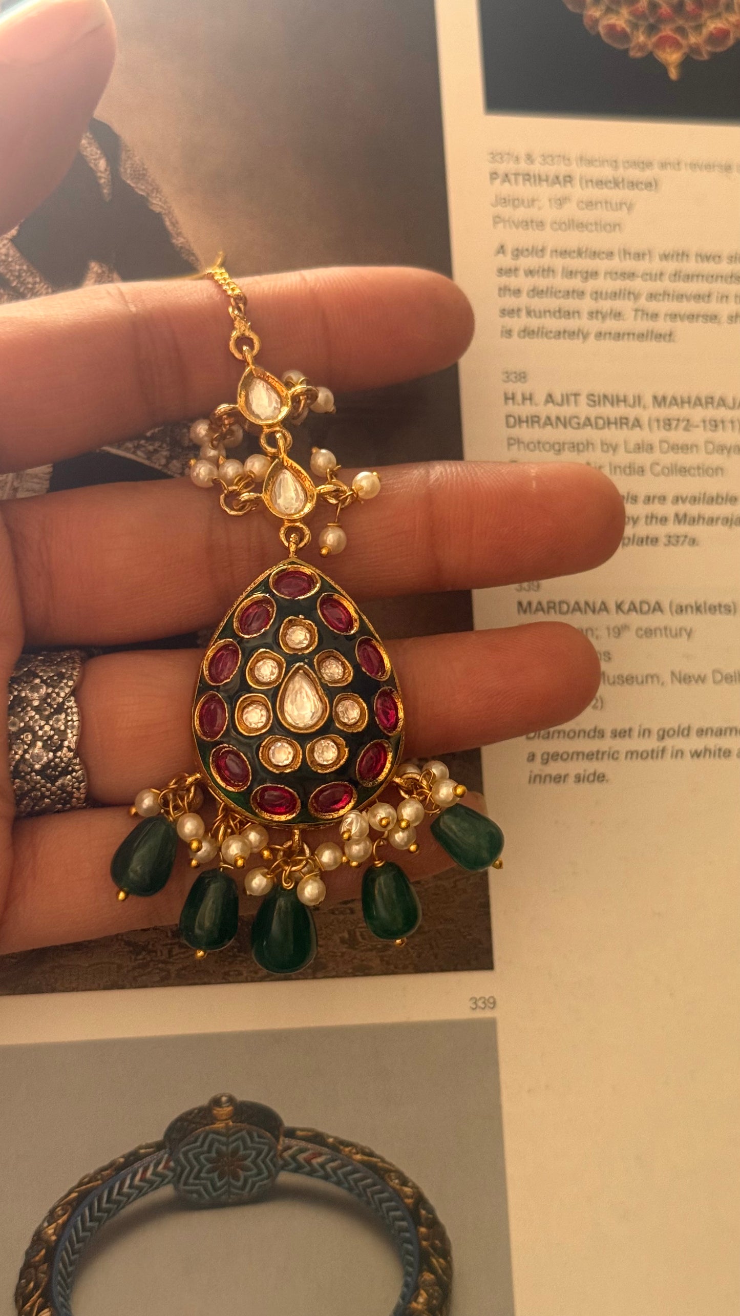 Rani pink pearl maangtika with emerald drops
