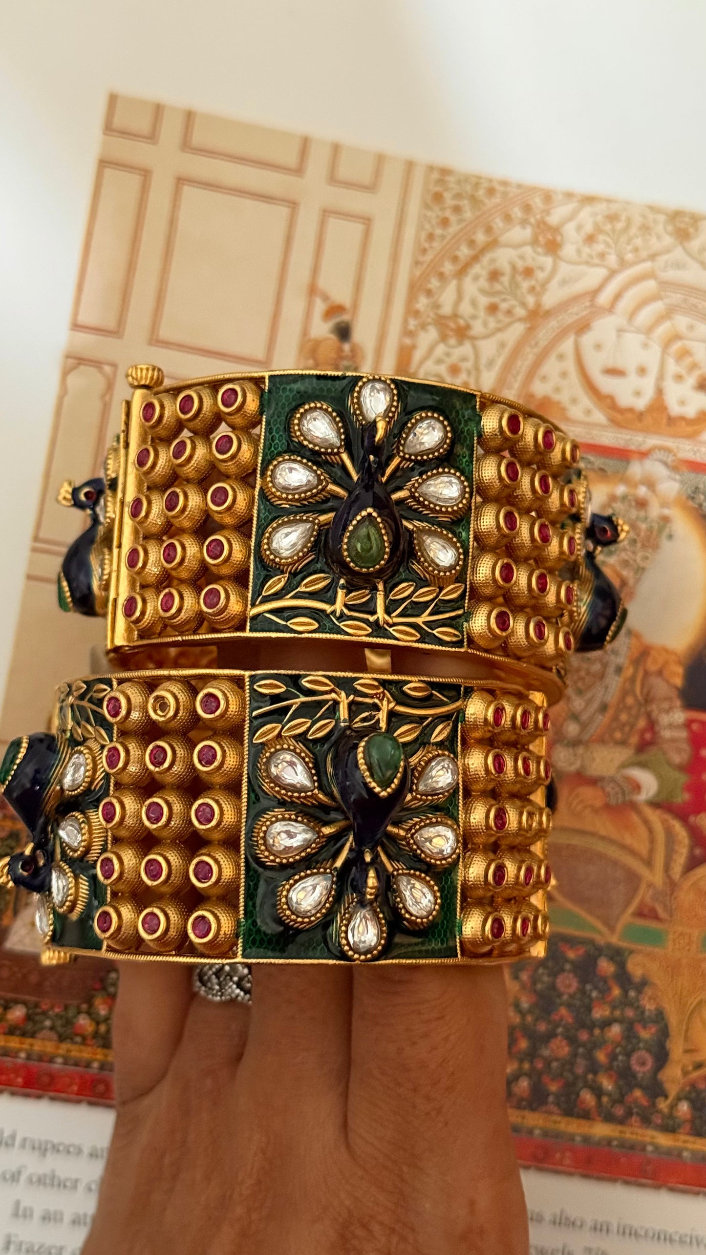 Peacock design emerald & rani pink rajwada openable bangle