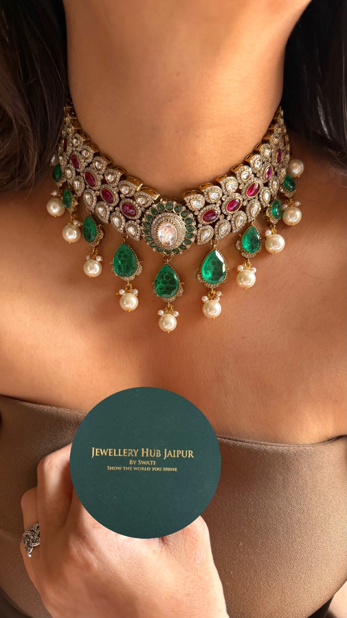 Emerald & Rani pink ruby with pearl detailing choker Necklace