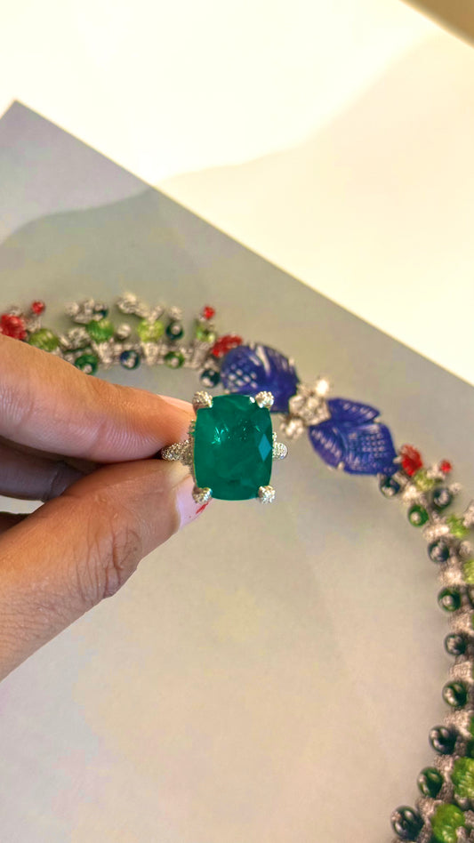 Emerald doublet floral cz diamond designer cocktail ring