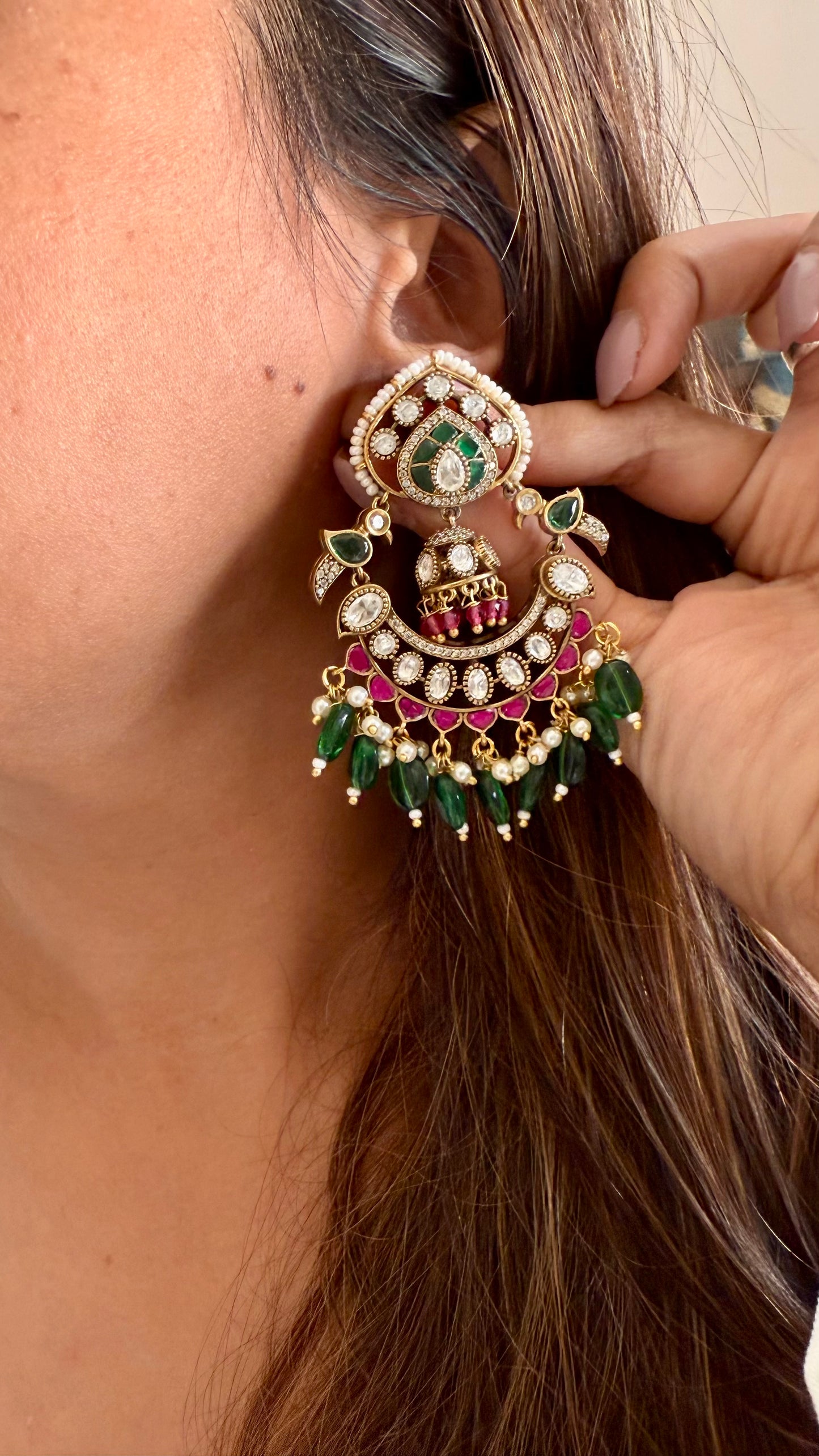 Rani pink & emerald moissanite polki chandbali
