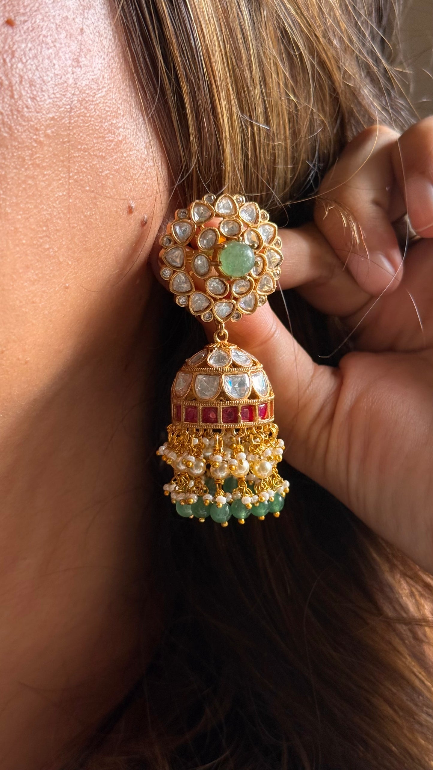 Mint doublet & Rani pink real Moissanite jhumki Earrings