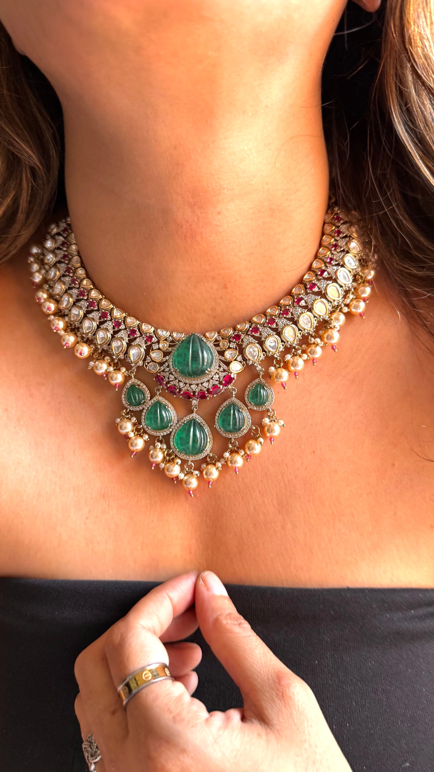 Emerald & Ruby vintage necklace with polki detailing