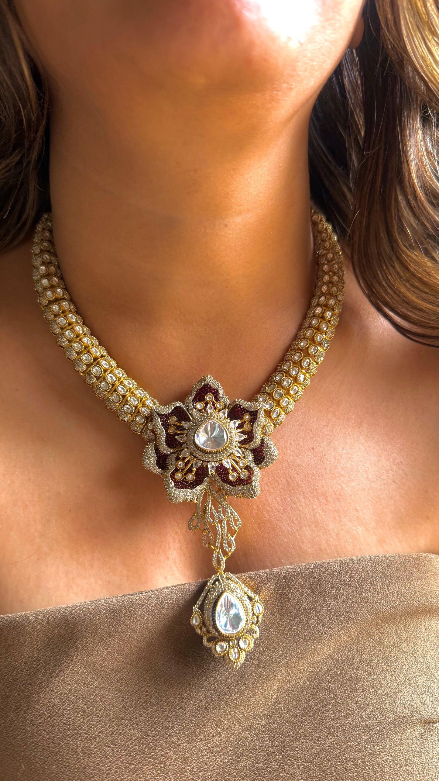 Ruby cluster setting cocktail necklace