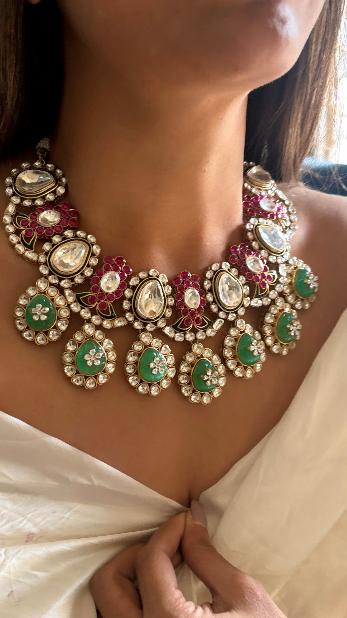 Bridal asia inspired mint & Ruby Chandi polki necklace set