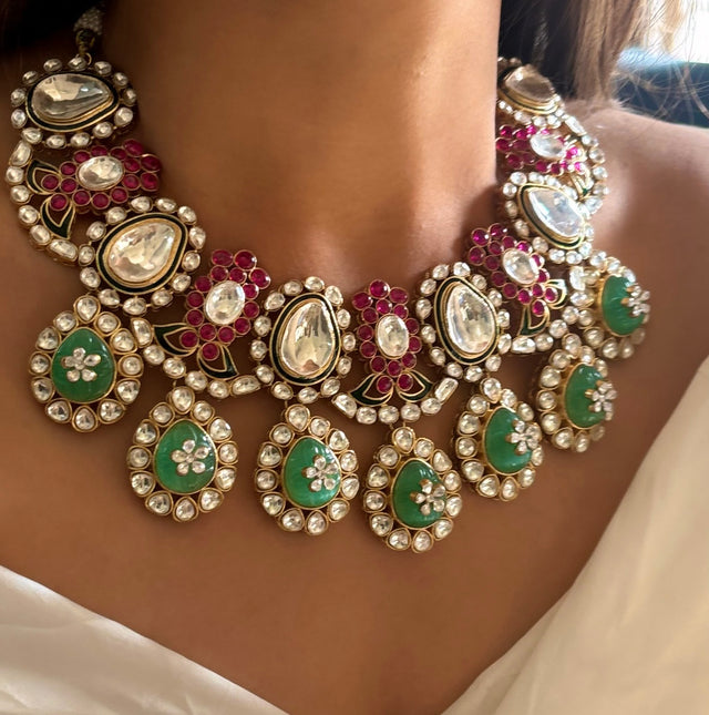 Bridal asia inspired mint & Ruby Chandi polki necklace set