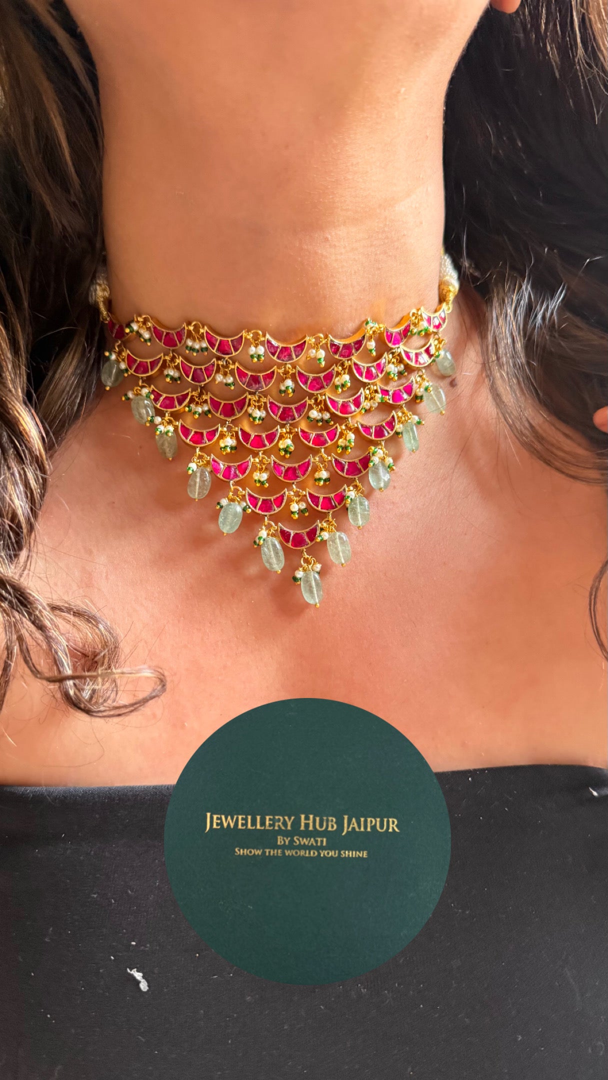 Designer half moon shape with mint wdesigner choker necklace