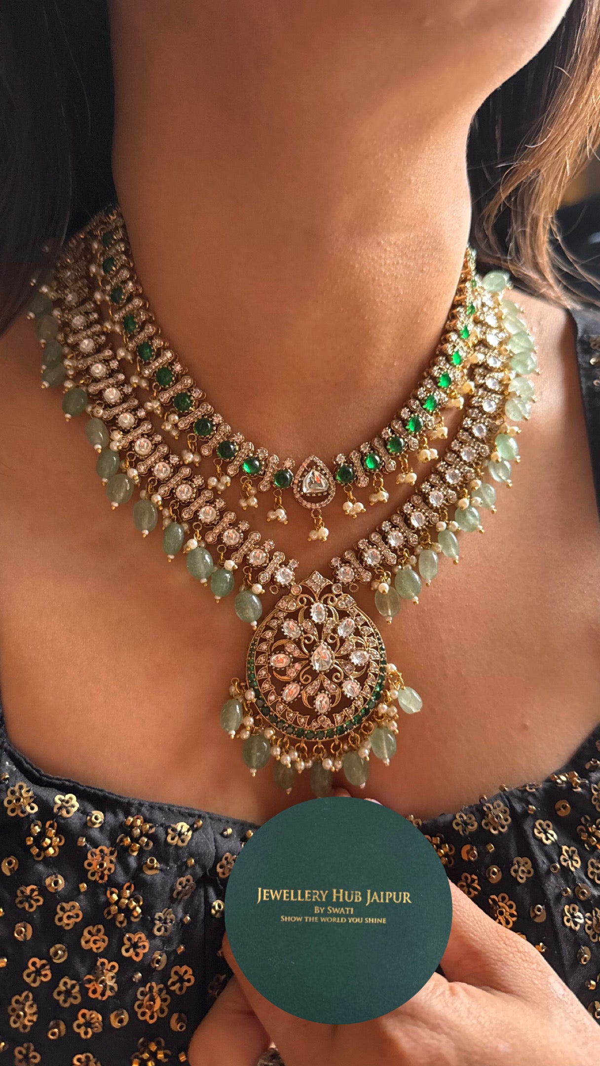 Emerald with mint drops dual line Necklace
