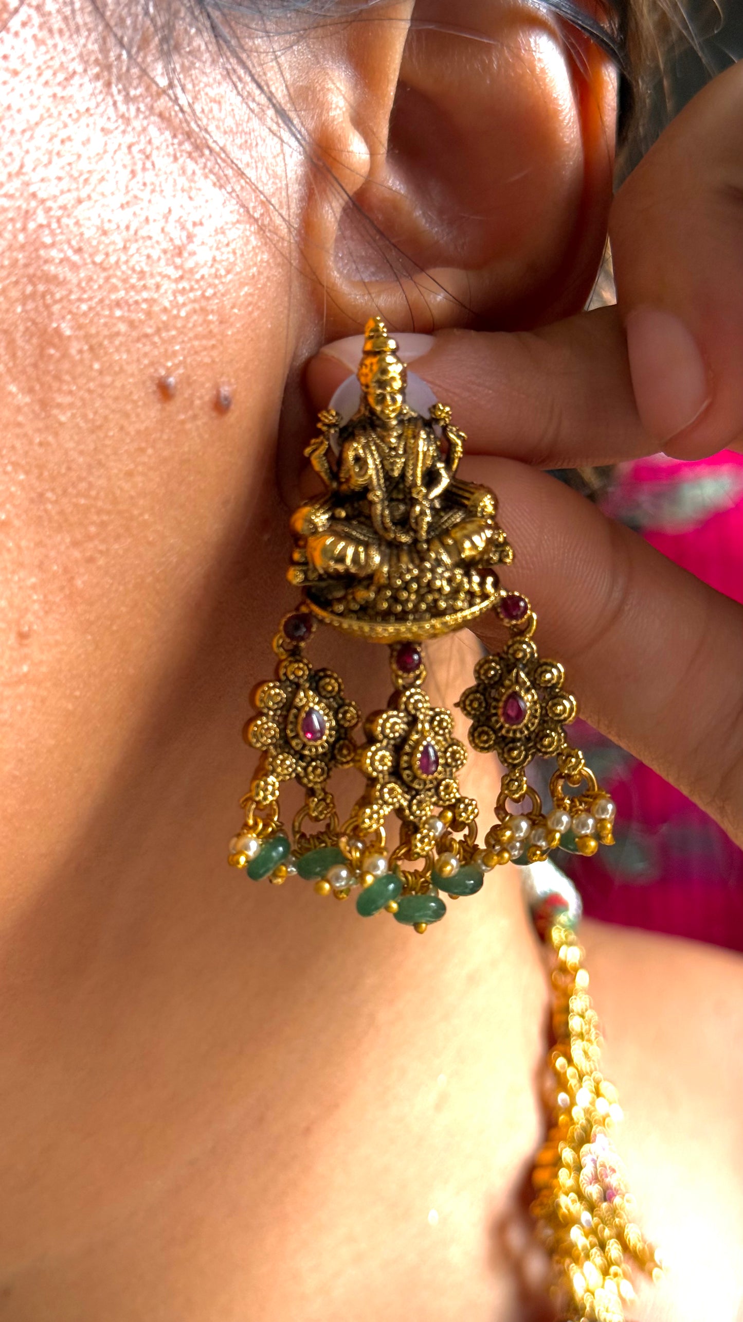 Goddess Laxmi Mint & Ruby ￼ long temple necklace