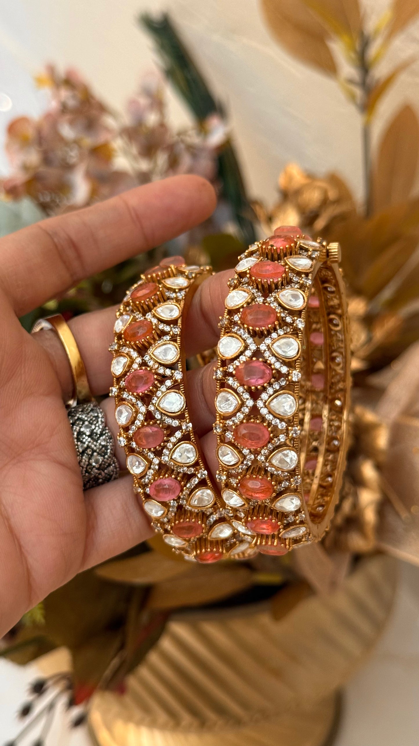 Rose Quartz Moissanite Victorian Bangles