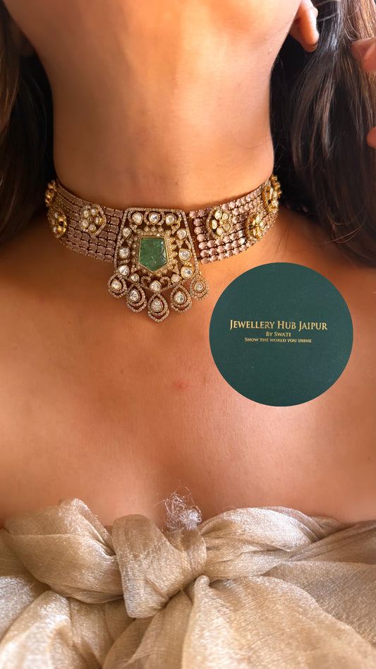 Mint doublet & rose quartz moissanite uncut polki choker set