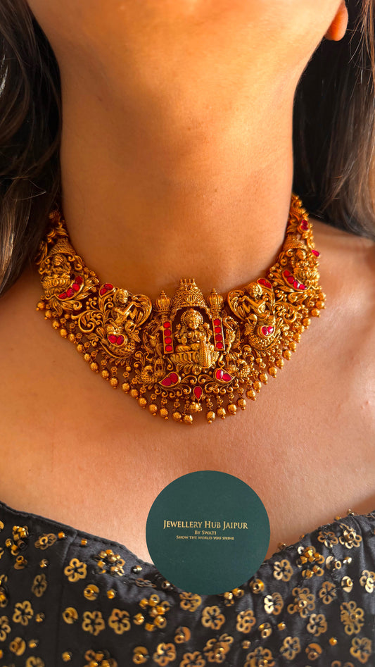 Goddess Laxmi inspired paachi kundan temple necklace