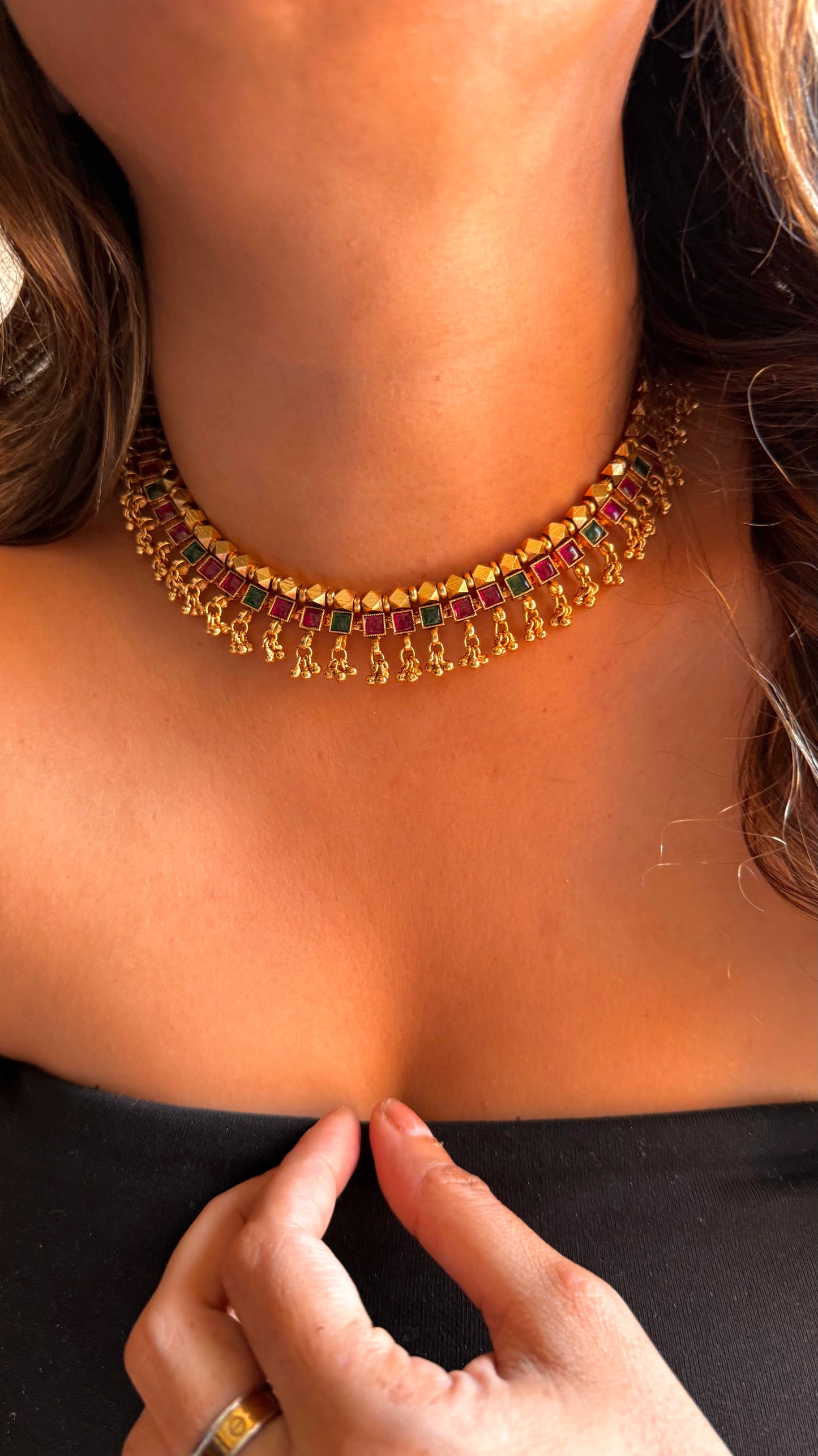 Maharashtra, Emerald and Ruby jhalar detailing Necklace