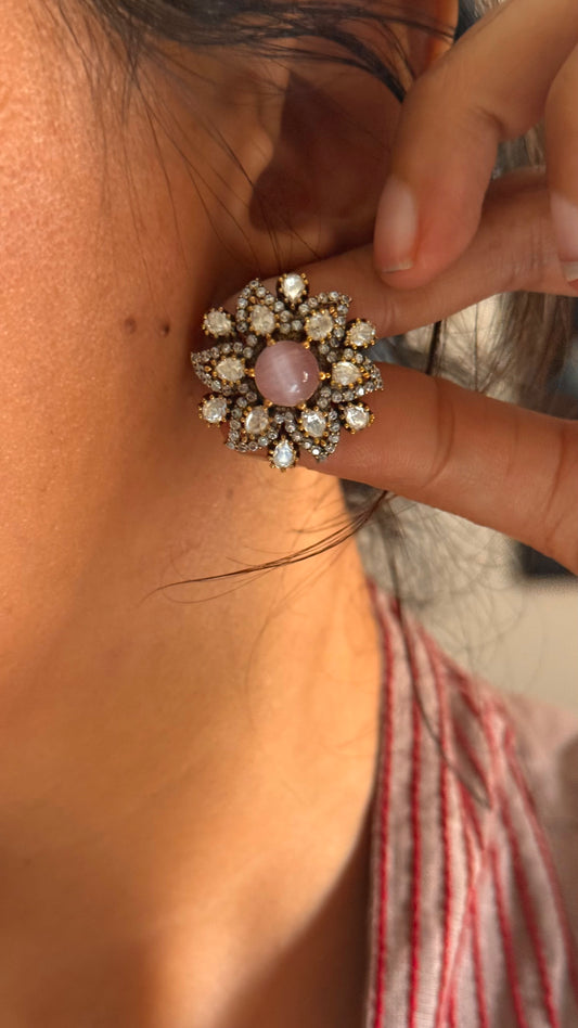 Rose quartz doublet moissanite victorian floral studs