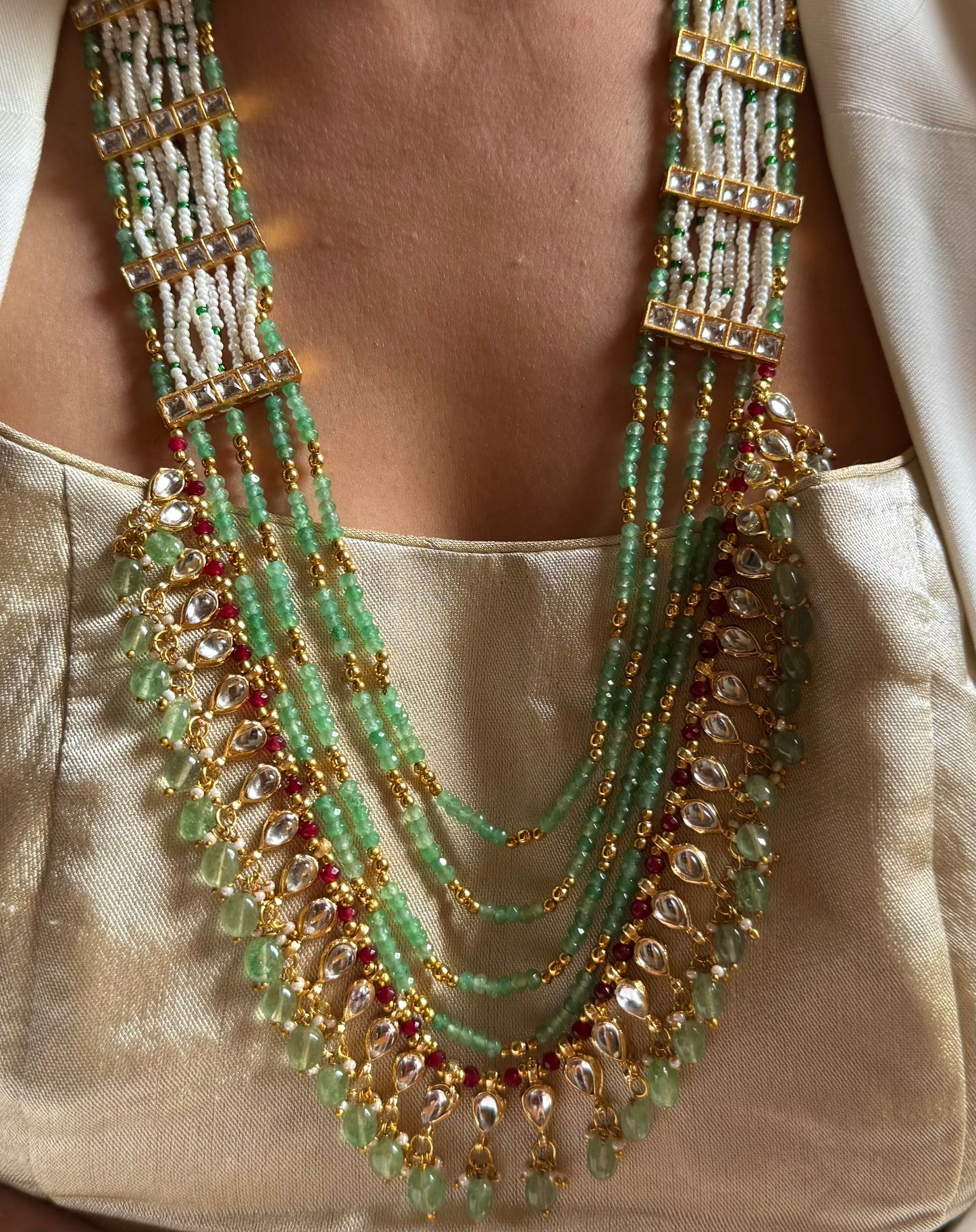 Rani pink & mint strings with mint drop rajwada long set