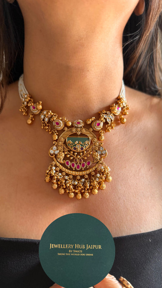 Mint inlay floral heritage rajwada necklace
