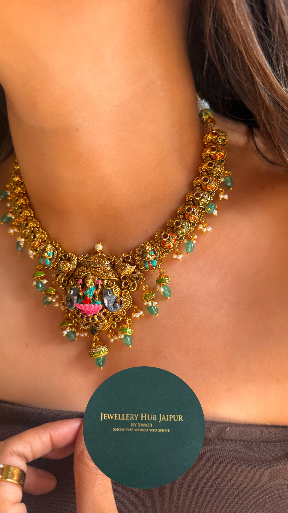 Goddess Laxmi emerald drop temple necklace