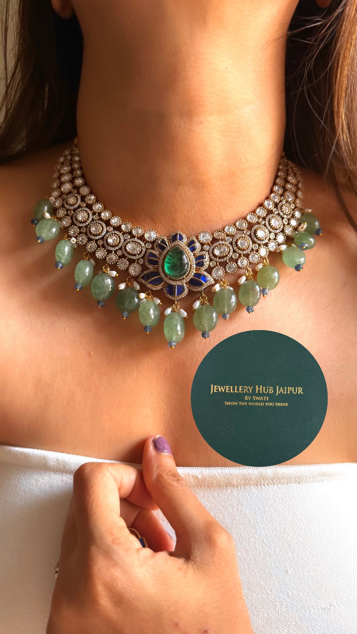 Emerald doublet & sapphire katdana moissanite collar set