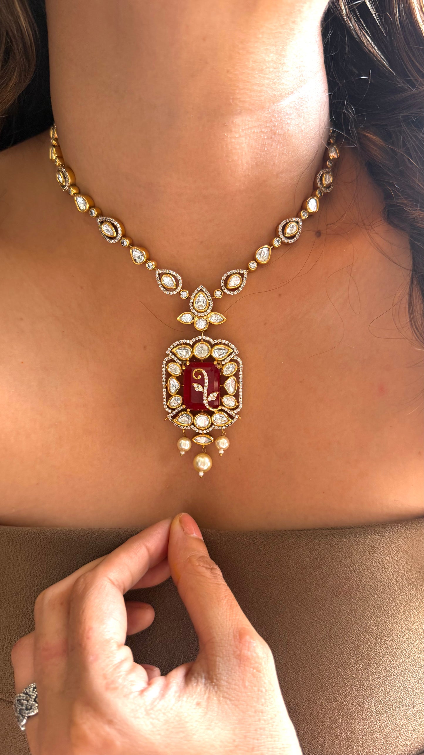 Ruby dual polish Necklace with designer pendant