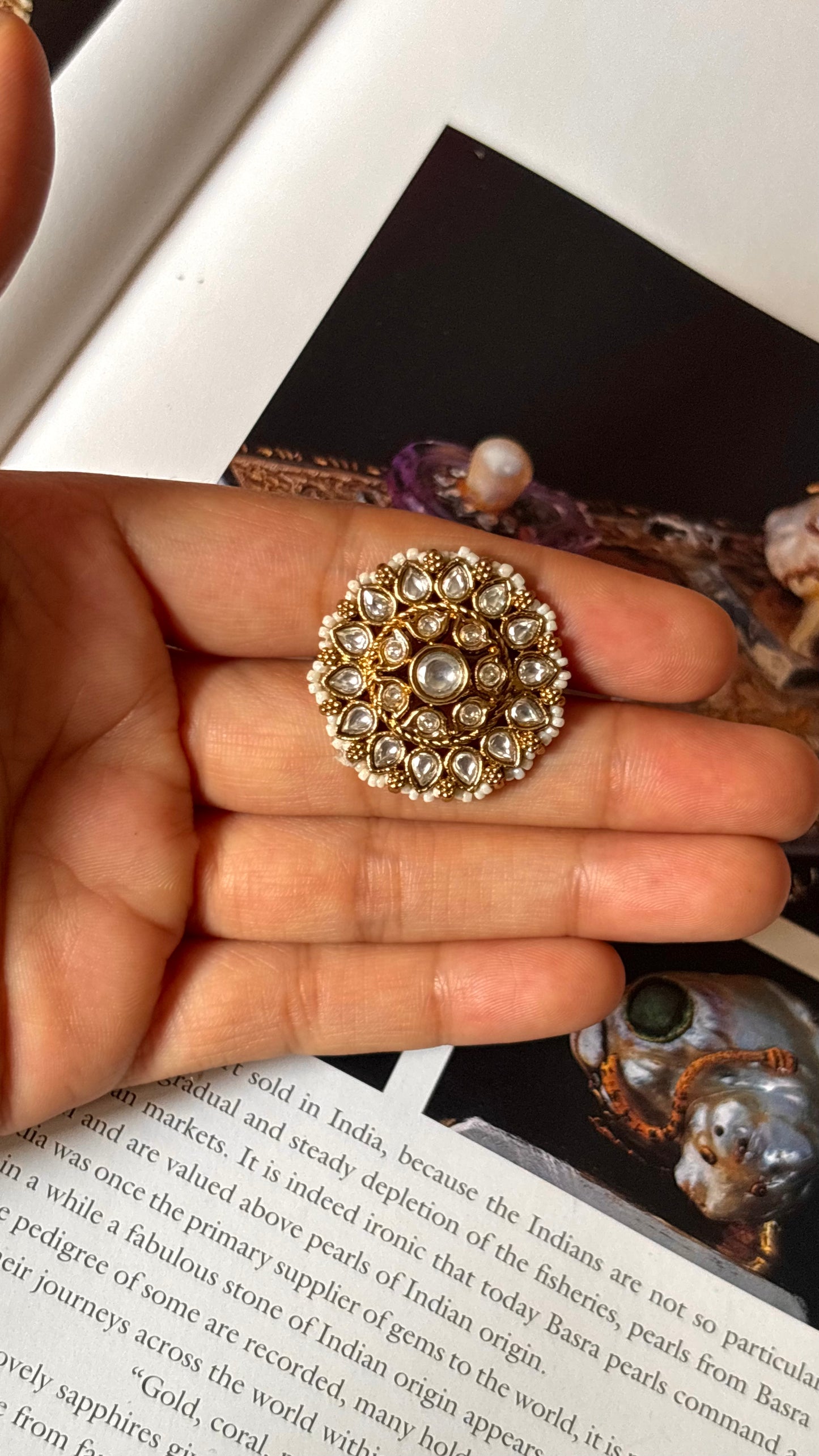 Floral white polki ring