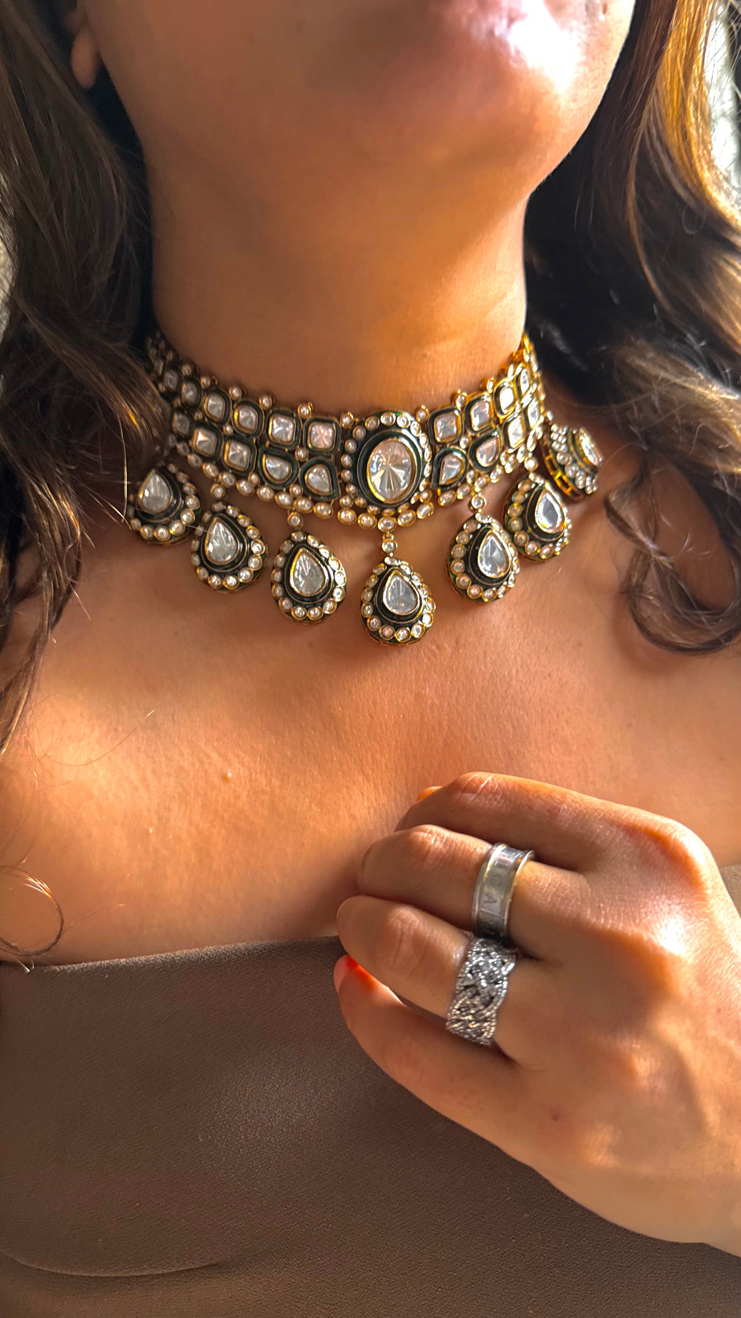 Emerald meenakari uncut polki choker necklace set