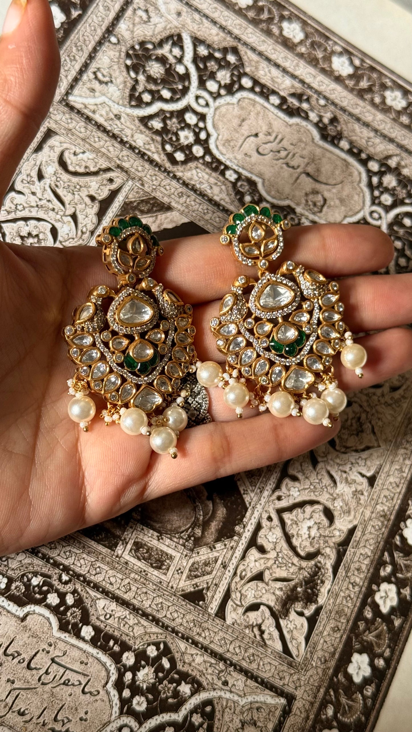 Emerald katdana moissanite with pearl drop earrings