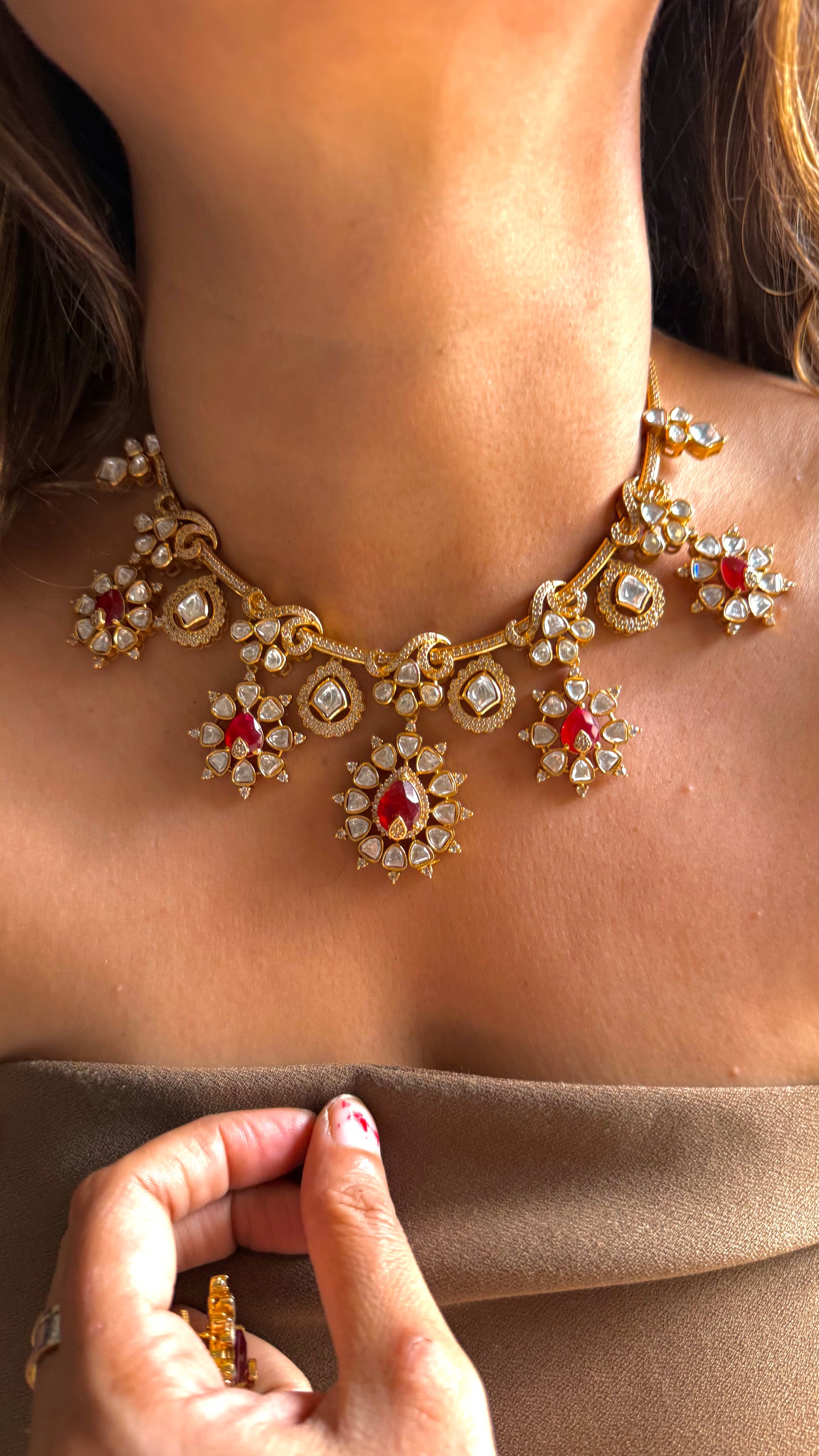 Ruby tear drop doublet & polki necklace