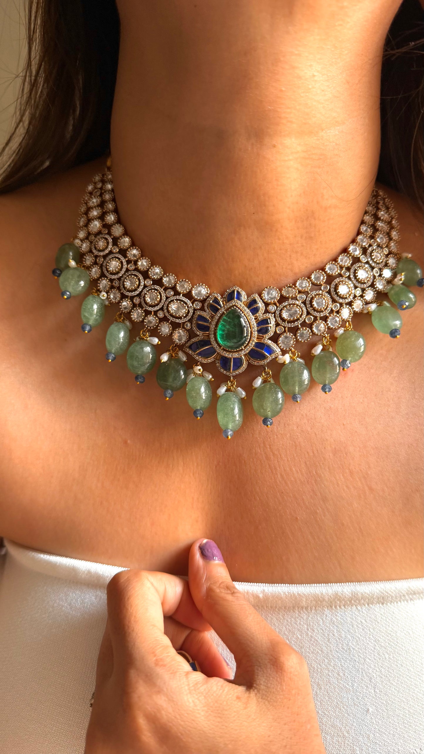 Emerald doublet & sapphire katdana moissanite collar set