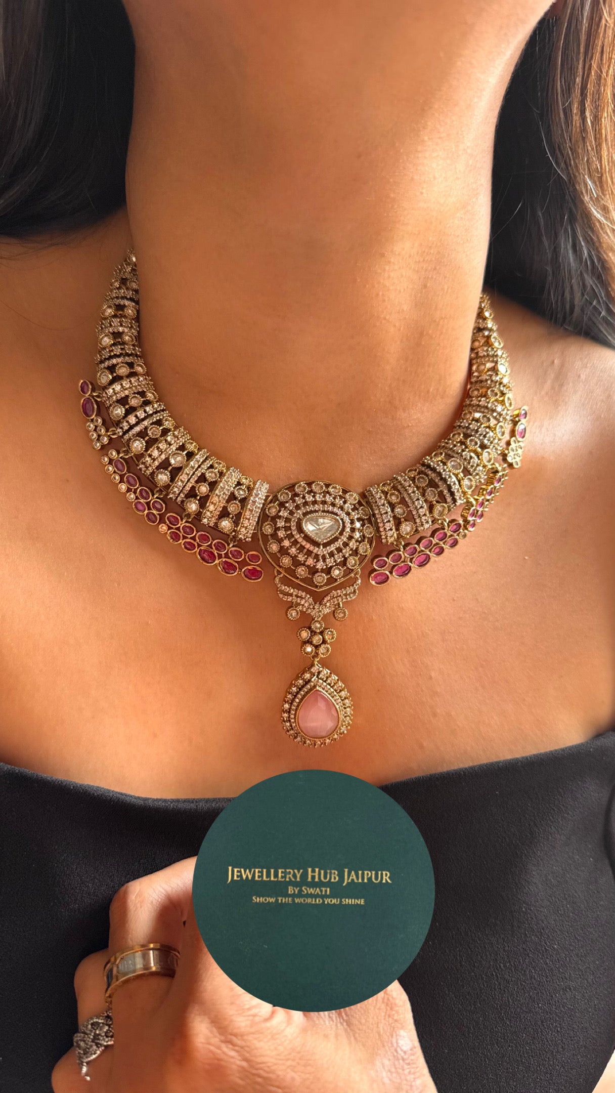 Rani pink ruby with rose quartz designer collar Necklace
