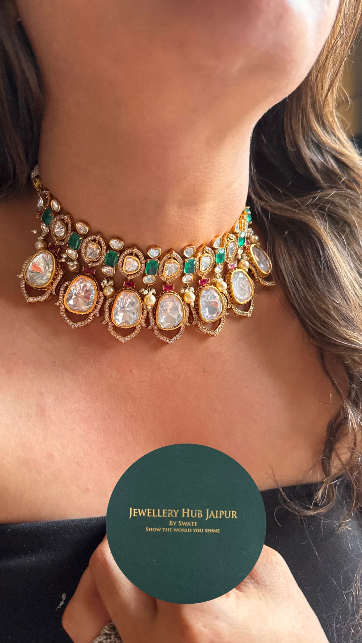 Emerald doublet &rani pink ruby with real moissanite polki choker Necklace