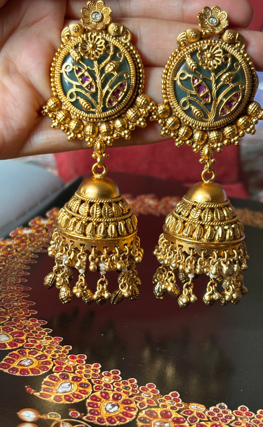 Mint inlay nakashi rani pink golden jhumki earrings