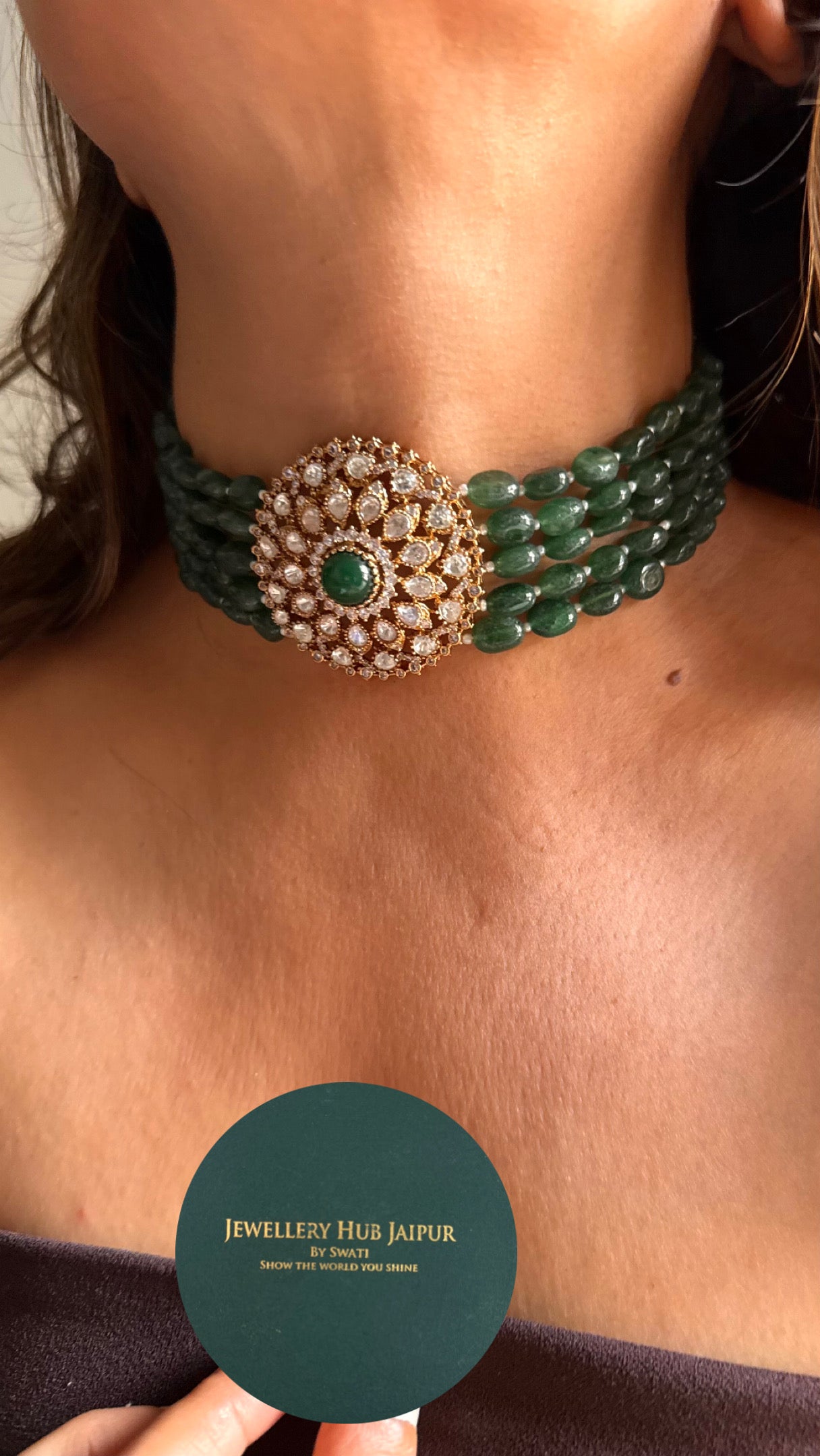 Emerald pearl detailing with Moissanite polki choker Necklace