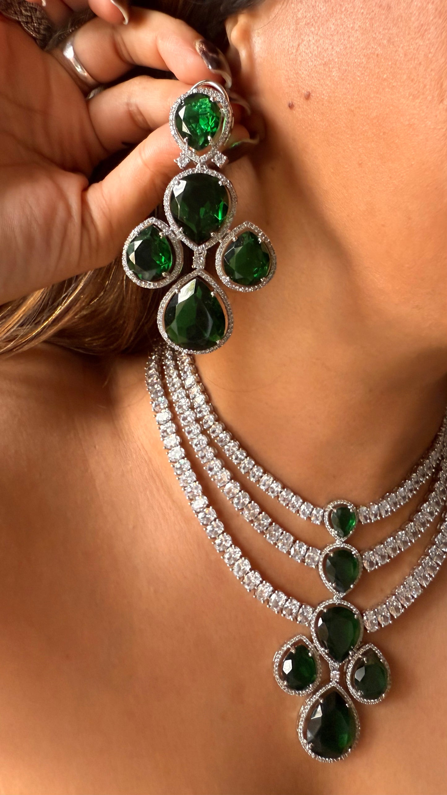 Emerald triple layer cz diamond necklace