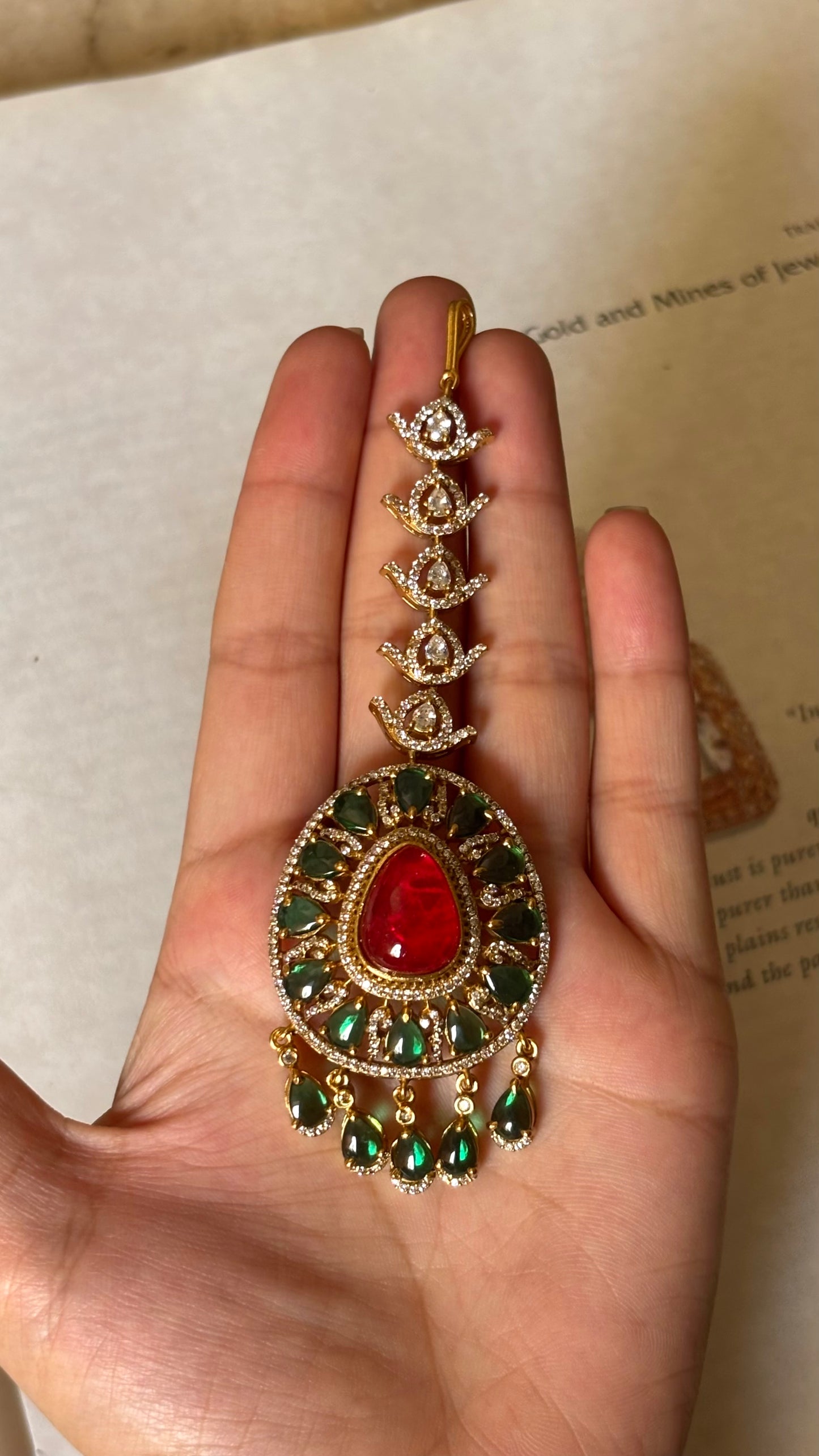 Ruby doublet with emerald polki Maangtika
